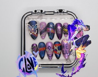 VALORANT Clove Inspired Press On Nails: Handmade Purple Blue Nail Art