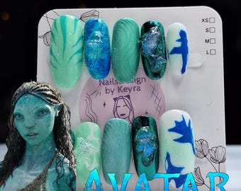 Avatar Way of Water Metkayina Inspired Ocean Tribe Press On Nails – Teal Blue Handmade