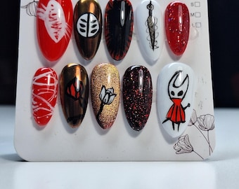 Hollow Knight Silksong Press On Nails: Red and Black, Gamer Cosplay