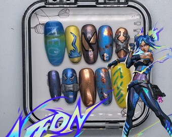 Valorant Neon Inspired Press On Nails: Blue and Yellow Handmade Nail Art