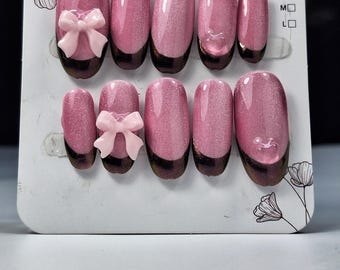 Celestial Bow Press On Nails: Cat Eye Shimmer Chrome French, Kawaii 3D Ribbon Pink