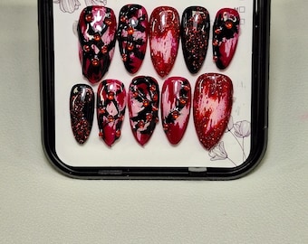Blood Moon Press On Nails : Black and Red Nail Art