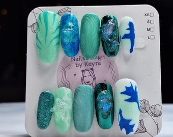 Avatar Way of Water Metkayina Inspired Ocean Tribe Press On Nails – Teal Blue Handmade