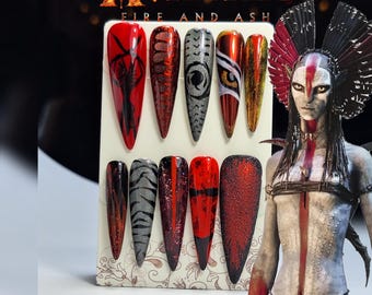 Varang Avatar Fire Clan Inspired Press On Nails – Red Black Ash Fandom Art