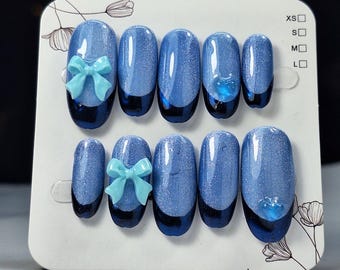 Celestial Bow Press On Nails: Cat Eye Shimmer Chrome French, 3D Ribbon Dark Blue