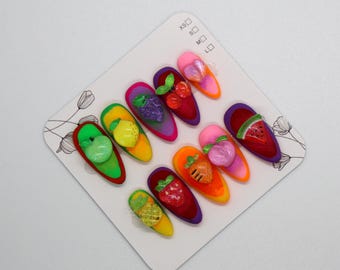 Fruit boom - Inspired Press On Nails | Stones Fruits Nail Art | Handmade nails | Colors