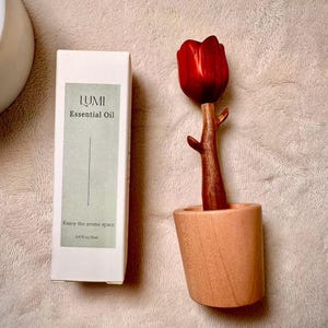 Könnte beinhalten: Ein Holz-Diffusor für ätherische Öle in Tulpenform mit roter Blüte und hellbraunem Topf. Eine weiße Schachtel mit LUMI Essential Oil befindet sich neben dem Diffusor. Auf der Schachtel steht "Enjoy the aroma space."