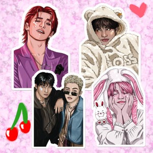 May include: A collection of four stickers featuring stylized illustrations of people. One sticker shows a person with red hair in a purple suit. Another depicts a person in a bear hoodie. The other two stickers show people in various outfits.