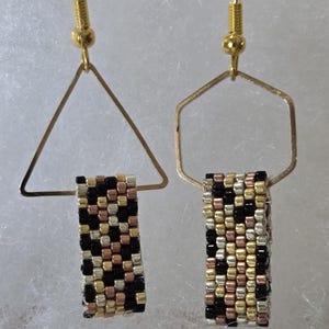 Asymmetrical Beaded Earrings: Metallic Delica Beads, Geometric Frames