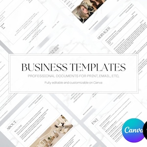 May include: A collection of business templates for print, email, and more. The image features various document layouts with text and images, including invoices, service packages, and FAQs. The Canva logo and a "15 templates in bundle" badge are also visible.