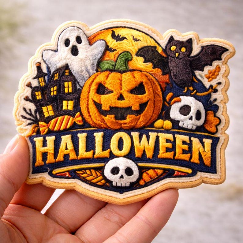 May include: Embroidered Halloween patch with a carved pumpkin, ghost, haunted house, bat, owl, and skull. The word "HALLOWEEN" is embroidered in gold on a navy blue background. The patch has a cream border.