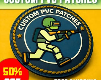 May include: A circular PVC patch with a soldier design, wearing a green helmet and uniform, holding a weapon. The patch has a navy blue background and gold trim. Text includes "CUSTOM PVC PATCHES" and "50% OFF".