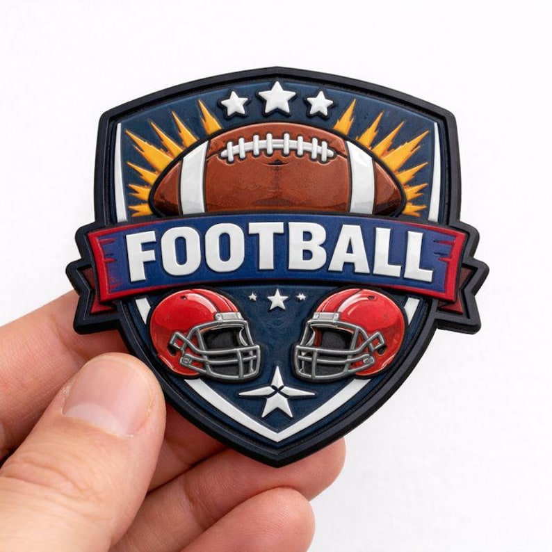 May include: A football-themed emblem with a shield shape. The design features a brown football, two red helmets, and the word "FOOTBALL" in white. The emblem has a blue and black border with white stars.