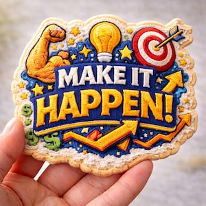 May include: A decorated cookie with the phrase "MAKE IT HAPPEN!" in yellow and white lettering on a blue background. The cookie features a flexed arm, a lightbulb, a target with an arrow, stars, and dollar signs.