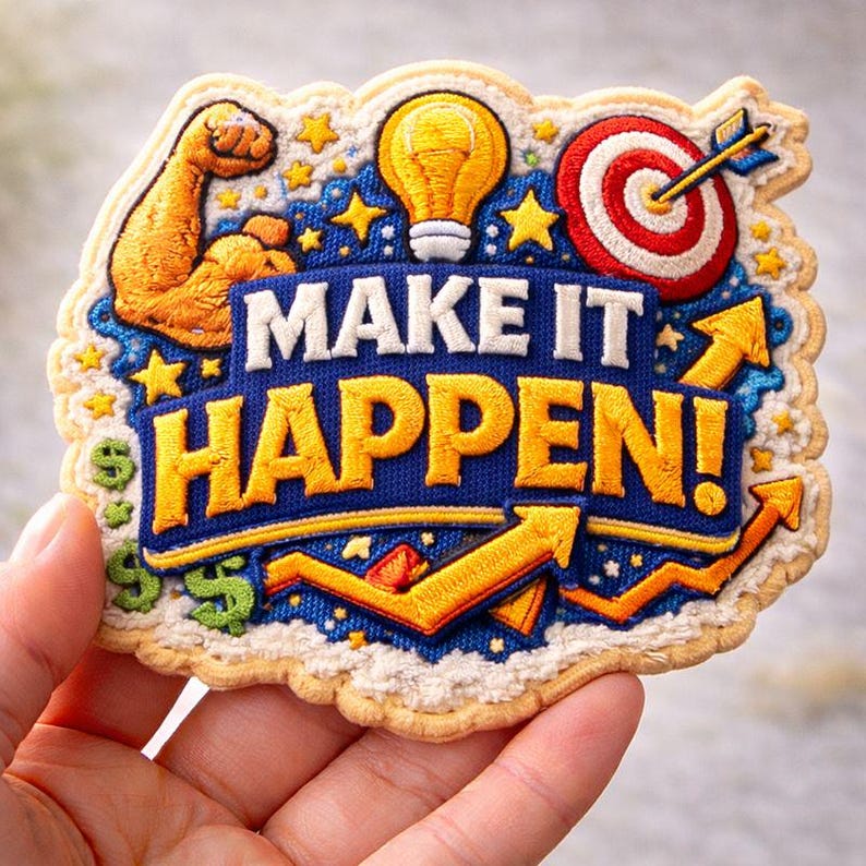 May include: A decorated cookie with the phrase "MAKE IT HAPPEN!" in yellow and white lettering on a blue background. The cookie features a flexed arm, a lightbulb, a target with an arrow, stars, and dollar signs.