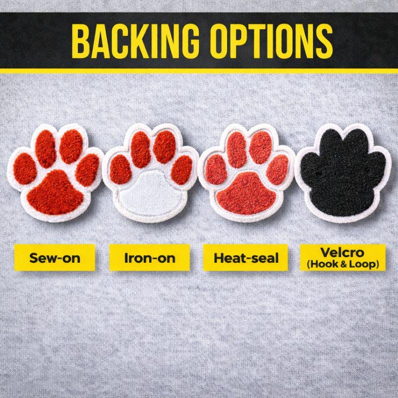 May include: Image of four paw print patches with various backing choices: sew-on, iron-on, heat-seal, and Velcro. The patches are red, white, and black. The text "BACKING OPTIONS" is at the top.