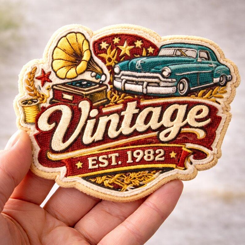 May include: Embroidered patch with a vintage design. It features a teal classic car, a gramophone, and the word "Vintage" in cream script. The patch is outlined in a tan colour, with the text "EST. 1982".