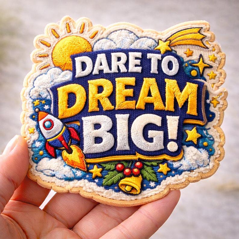 May include: Embroidered patch with the words "DARE TO DREAM BIG!" in white and yellow on a blue background. The patch features a rocket, sun, stars, and a bell. The patch is held in a hand.