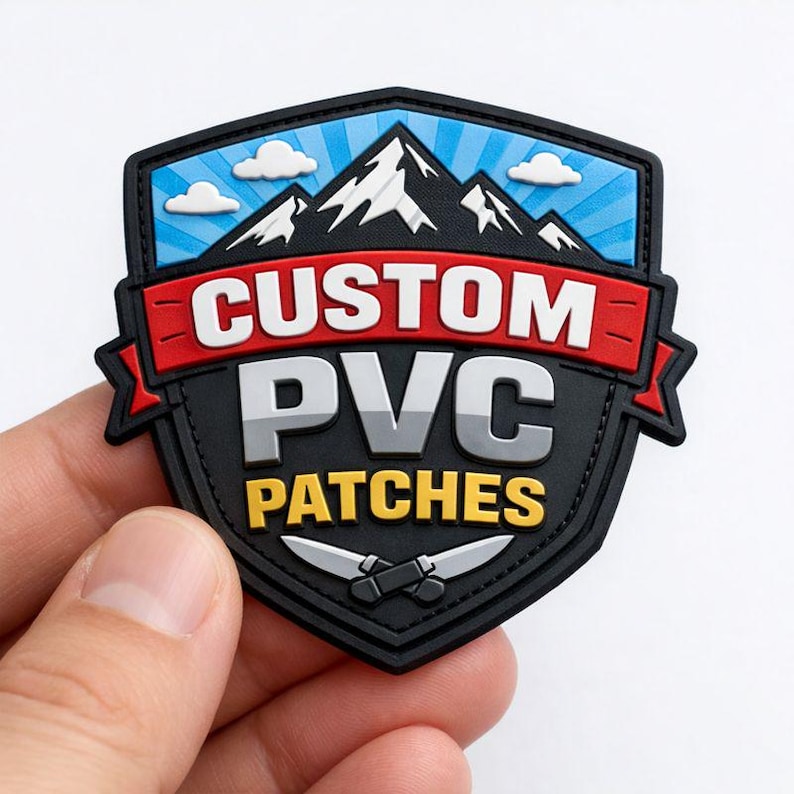 May include: A black PVC patch in a shield shape, featuring the text "CUSTOM PVC PATCHES" in white, gray, and yellow. The design includes a mountain range, clouds, and crossed knives, with red and blue accents.