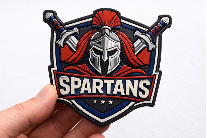 May include: A shield-shaped patch with a Spartan helmet and crossed swords design. The patch features the word "SPARTANS" in white letters, with red, blue, and black accents. Three stars are below the word.