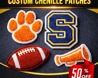 May include: Custom chenille patches in various shapes, including a paw print, the letter "S", a football, and a megaphone. The patches feature orange, blue, and white colors with a textured appearance. The image also includes the text "CUSTOM CHENILLE PATCHES".