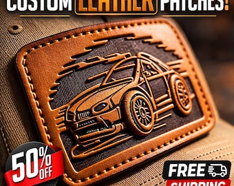 May include: A brown leather patch with a car design, stitched around the edges. The text "CUSTOM LEATHER PATCHES!" is at the top. A 50% off sticker is in the bottom left corner.