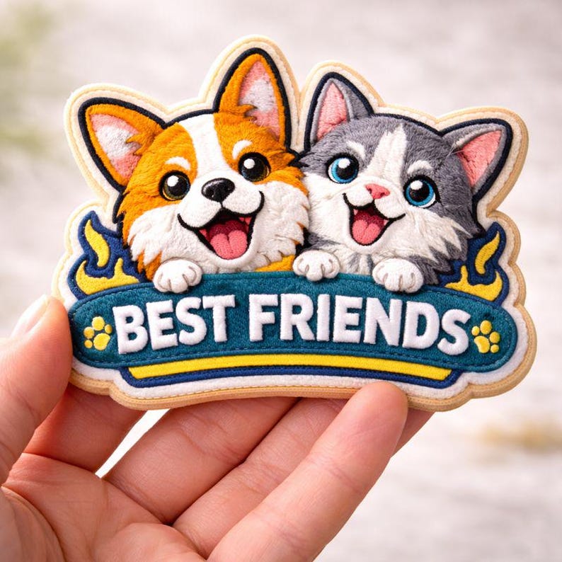 May include: Embroidered patch showing a smiling corgi and a cat, with the words "BEST FRIENDS" on a blue banner. The patch has a light brown border and yellow accents, ideal for adding to clothing or accessories.