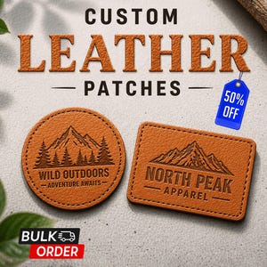 Peut inclure: Des patchs en cuir personnalisés de couleur marron clair, avec des motifs de montagnes et d'arbres. Un patch rond avec le texte "Wild Outdoors - Adventure Awaits", l'autre rectangulaire avec "North Peak Apparel". Une étiquette bleue indique "50% OFF".
