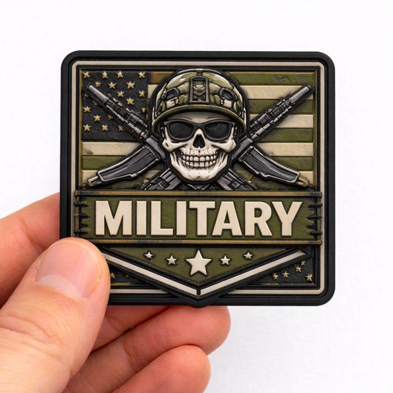 May include: A square patch with a military theme. The design features a skull wearing sunglasses and a helmet, with crossed rifles behind it. The background includes an American flag and the word "MILITARY".