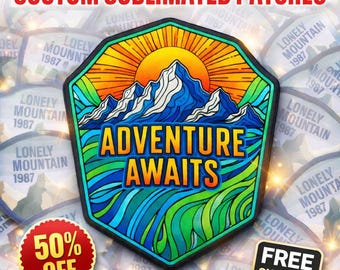 May include: A custom sublimated patch with a mountain and sun design, the text "Adventure Awaits" is featured. The patch has a black border and is surrounded by other patches. The image also includes a "50% OFF" and "FREE SHIPPING" badge.