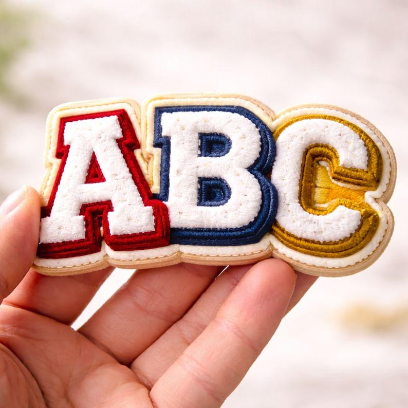 May include: A decorative patch spelling "ABC" in a varsity style. The letters are white with red, blue, and gold outlines, and have a textured, embroidered look. The patch is held in a hand.