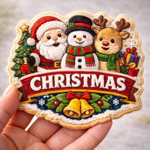 May include: A festive Christmas cookie depicting Santa Claus, a snowman, and a reindeer. The cookie has a red banner with the word "CHRISTMAS" and is decorated with holly, bells, and snowflakes. The cookie is held in a hand.