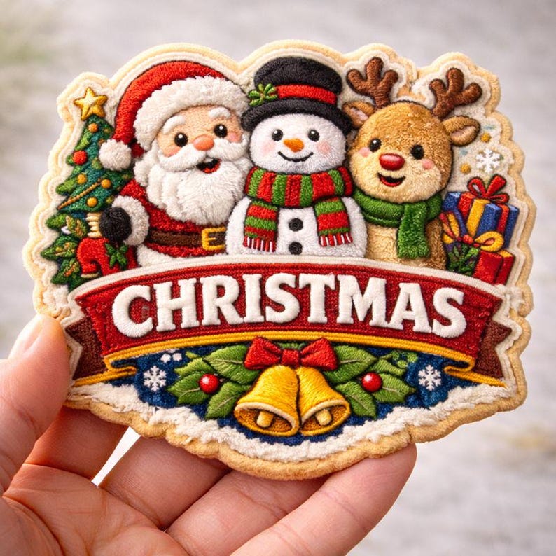 May include: A festive Christmas cookie depicting Santa Claus, a snowman, and a reindeer. The cookie has a red banner with the word "CHRISTMAS" and is decorated with holly, bells, and snowflakes. The cookie is held in a hand.
