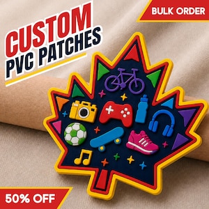 May include: A maple leaf-shaped PVC patch with a dark blue background and a yellow border. It features colourful raised icons including a bicycle, camera, game controller, water bottle, football, skateboard, trainer, headphones, and musical note.