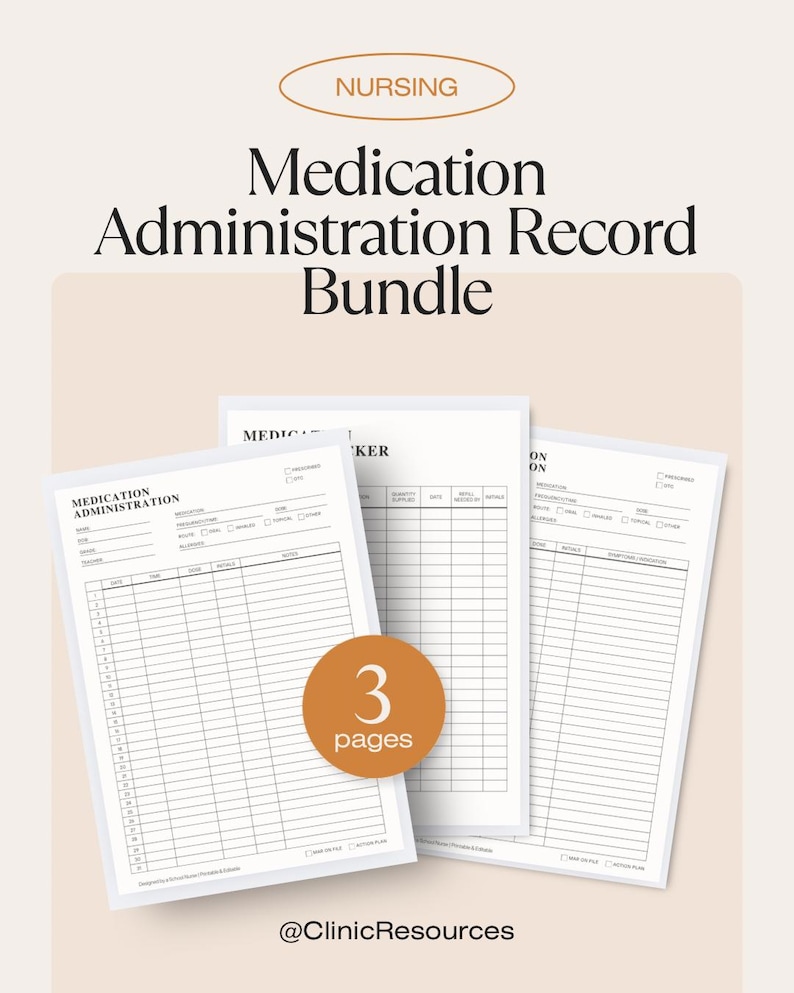 School Nurse Medication Administration Record Bundle | Monthly MAR, PRN MAR & Medication Refill Tracker