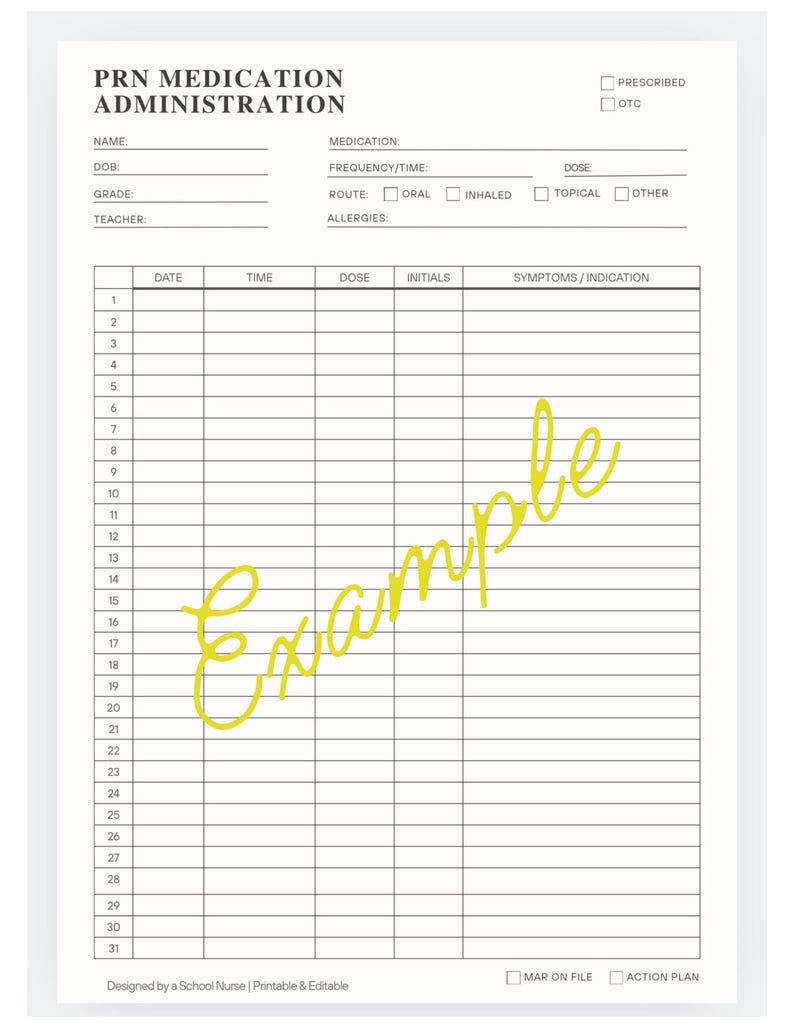 School Nurse Medication Administration Record Bundle | Monthly MAR, PRN MAR & Medication Refill Tracker