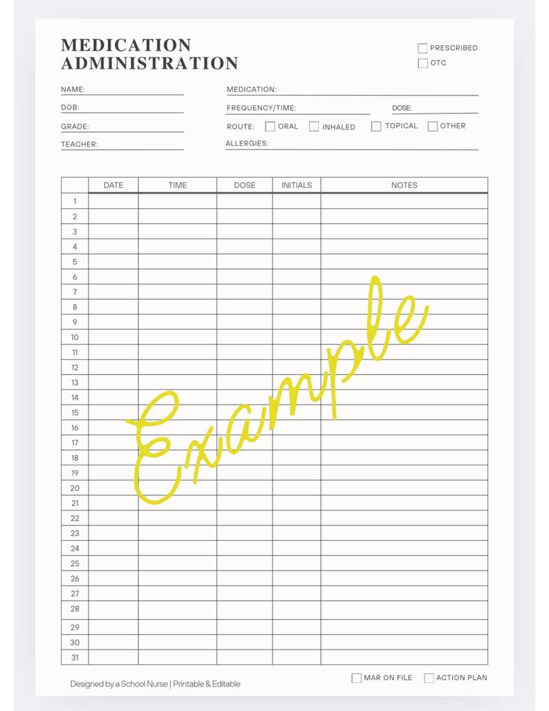 School Nurse Medication Administration Record Bundle | Monthly MAR, PRN MAR & Medication Refill Tracker