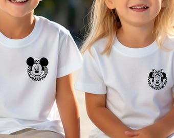 Disney Couple Pocket T-shirt, Minimalist Retro Disney Shirt, Disney Family Shirt, Minnie and Mickey Shirt, Mickey Checkered Tee, Mickey Tee