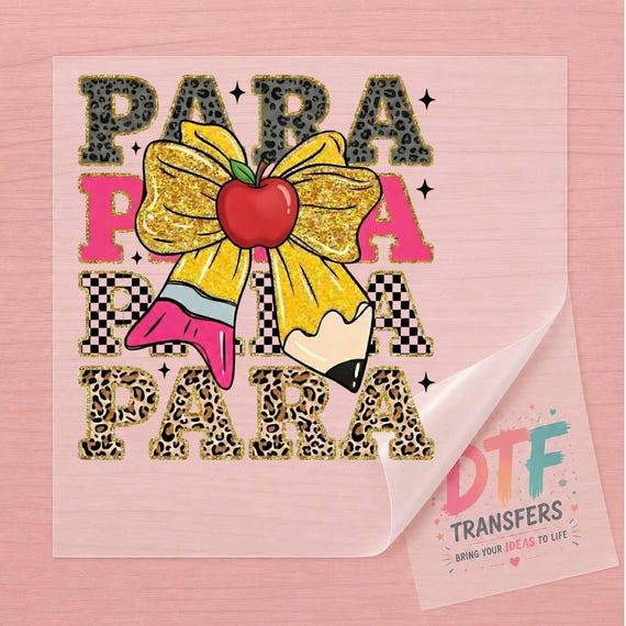 Para Teacher DTF Transfer, Leopard Print Apple Pencil Bow, Back to School Apparel