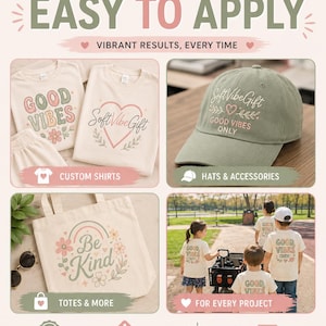 May include: A promotional graphic for Soft Vibe Gift featuring custom DTF transfers and apparel. The image displays cream-colored shirts with Good Vibes and heart prints, a sage green baseball cap, a tote bag with a Be Kind rainbow design, and children wearing matching shirts in a park.