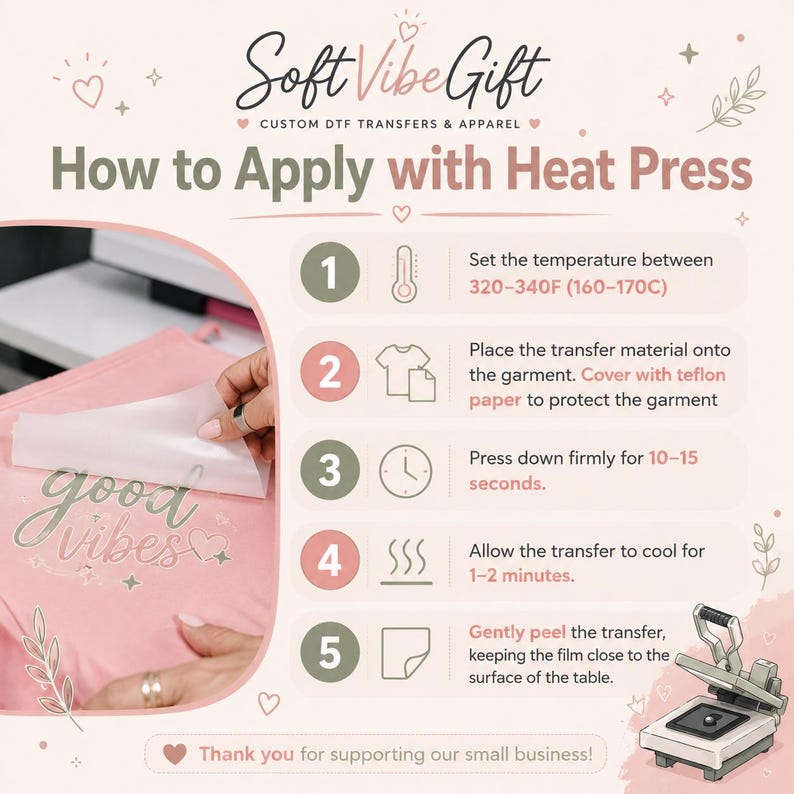 May include: An instructional graphic titled How to Apply with Heat Press by Soft Vibe Gift. It outlines five steps for using DTF transfers, including temperature settings of 320-340F, placement, pressing for 10-15 seconds, cooling for 1-2 minutes, and peeling.