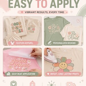 May include: A promotional graphic for Soft Vibe Gift custom DTF transfers and apparel. It displays t-shirts with Good Vibes and Be Kind floral designs, a heat press application process, and icons highlighting quality, color, and fast processing.