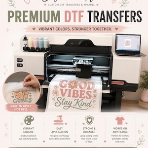 May include: A large white and black industrial DTF printer producing a transfer sheet with the text GOOD VIBES Stay Kind and a smiley face flower graphic. A laptop sits on top, and a circular inset shows the transfer being applied to fabric.