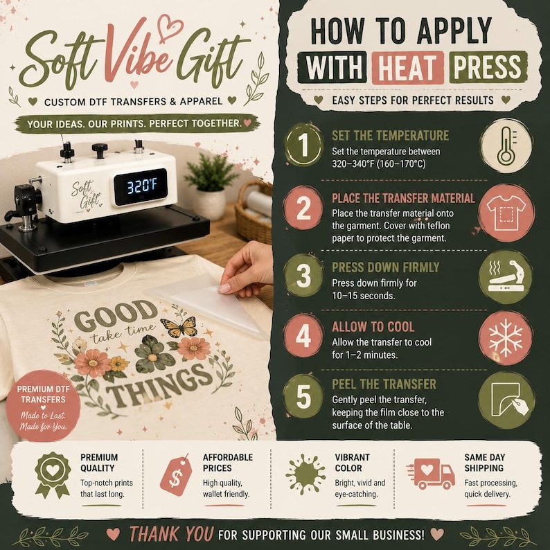 May include: An instructional graphic for Soft Vibe Gift custom DTF transfers showing a heat press set to 320&deg;F. It lists five steps for application, including setting temperature, placing material, pressing for 10-15 seconds, cooling, and peeling the transfer.