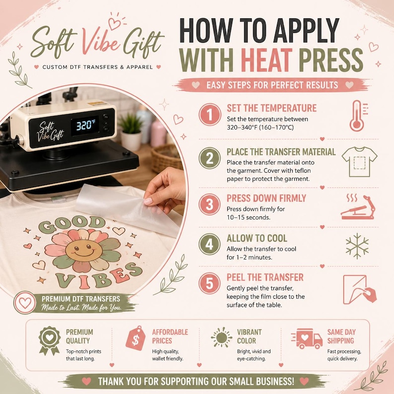 May include: An instructional graphic for Soft Vibe Gift DTF transfers showing a heat press set to 320&deg;F. It lists five steps: set temperature to 320-340&deg;F, place transfer on garment, press for 10-15 seconds, cool for 1-2 minutes, and peel the film.
