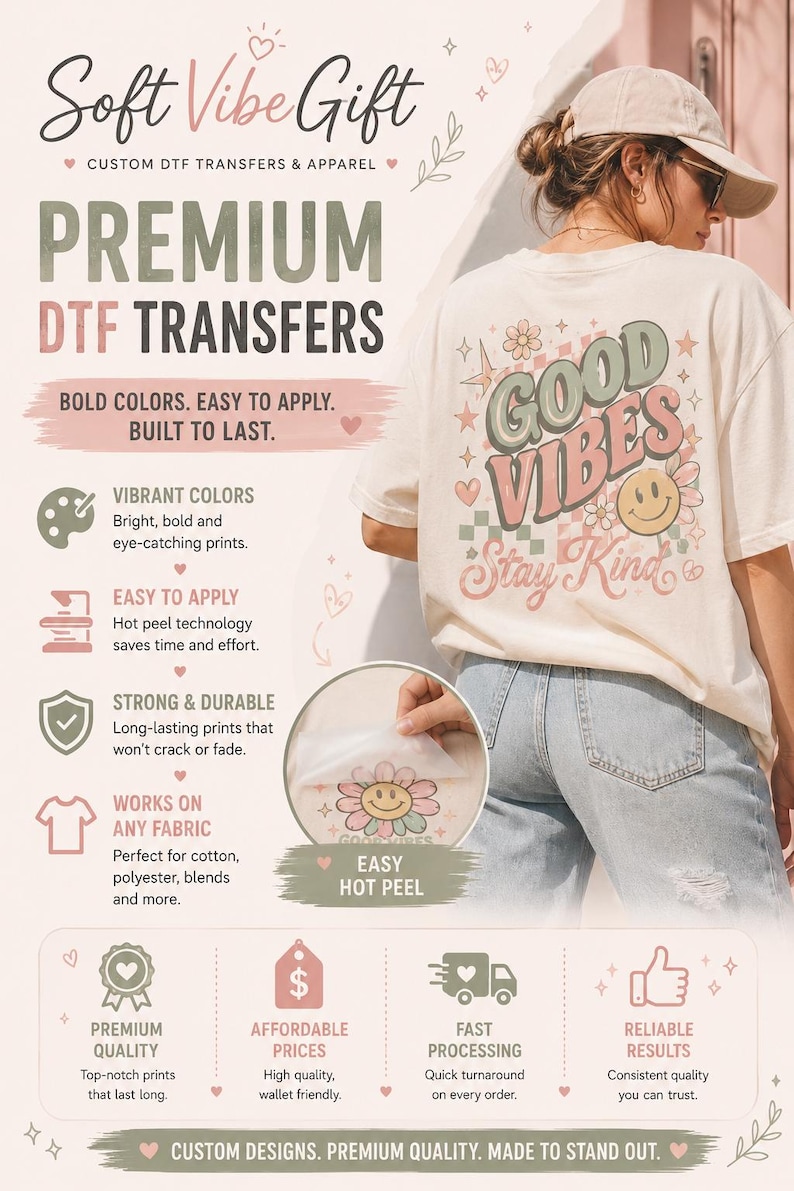May include: A cream-colored t-shirt featuring a back graphic with the text GOOD VIBES and Stay Kind, accompanied by a smiley face and flower illustrations. The image includes text detailing custom DTF transfers, application, and quality.