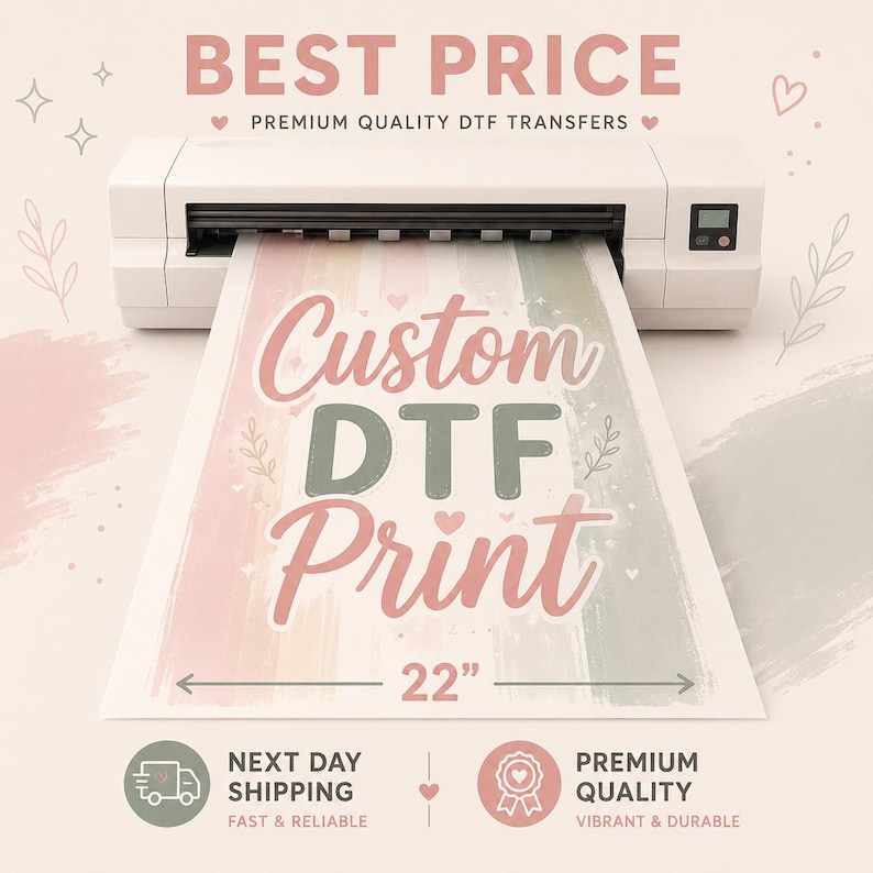 May include: A white digital printer outputting a sheet with the text Custom DTF Print in pink and sage green. The sheet features a 22-inch width indicator and soft watercolor-style vertical stripes in pink, sage green, and cream with small heart icons.