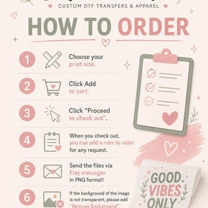 May include: An instructional infographic titled Soft Vibe Gift Custom DTF Transfers & Apparel. It outlines a six-step ordering process with icons for choosing size, adding to cart, checking out, adding notes, sending PNG files, and requesting background removal.