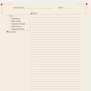 May include: A cream-coloured, lined notebook page with decorative swirls and hearts. The page includes sections for a lecture topic, date, notes, and key points. Checkboxes are provided for definitions, main points, important people, main events, and important dates.