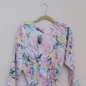 80s Floral Print Dolman Sleeve Dress M 38 Bust image 1